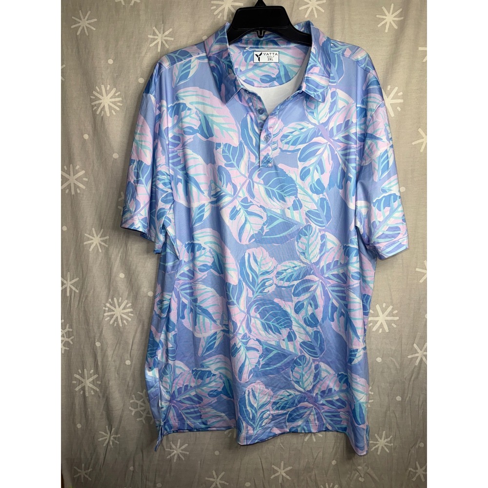 Yatta Golf Mens 2XL Tropical Leaf Performance Polo Shirt Blue Purple ShortSleeve